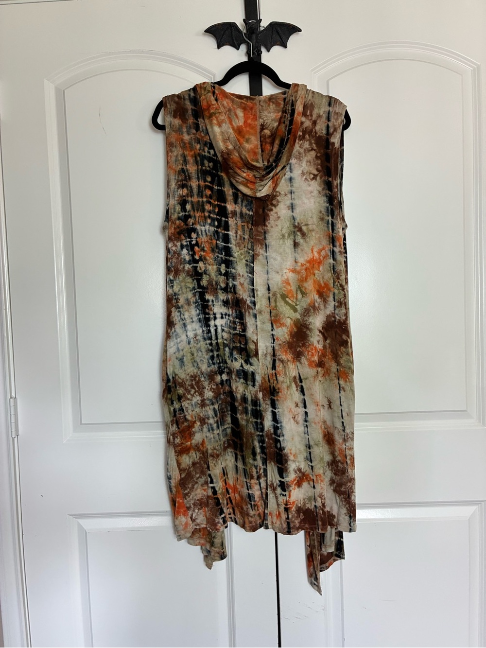 Bohemian Tie-Dye Duster Vest with Hood Brown & Rust Soft Stretchy 1X - Picture 8 of 11